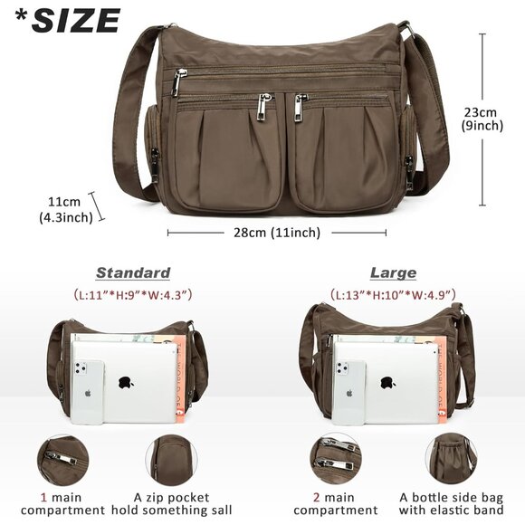 Women Coffee-m Nylon Water Resistant Anti Theft Travel Crossbody Shoulder Bag - Picture 3 of 7